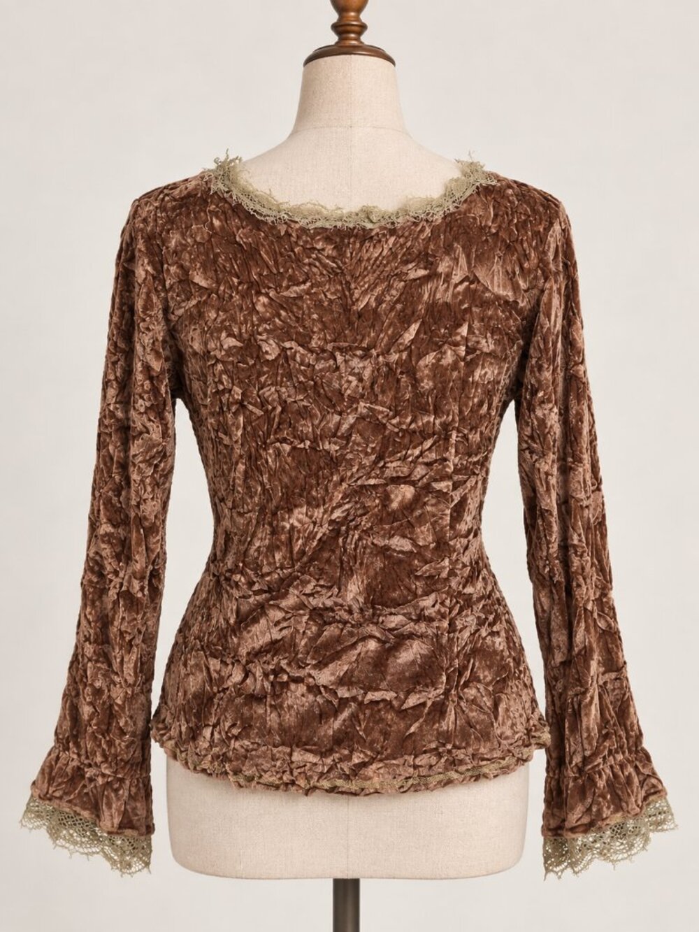 Vintage Y2K 90s Kisca by Komarov Crushed Velvet Lace Whimsigoth Long Sleeve Top - Picture 3 of 5